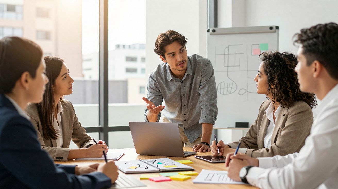 Grupo de jovens profissionais em reunião de trabalho com laptop e materiais de escritório numa sala moderna.