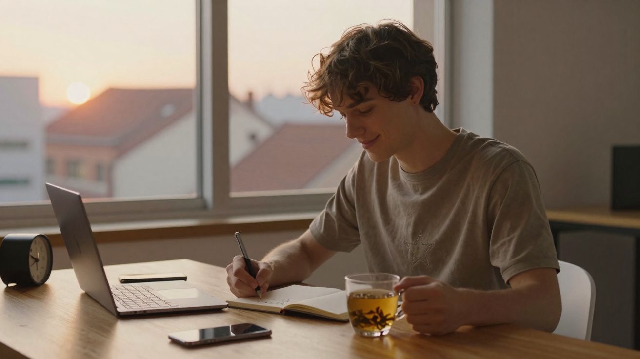 Jovem sentado à mesa a escrever num caderno, com chá e computador portátil ao nascer do sol na janela.