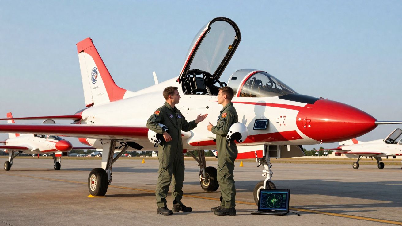 Dois pilotos de uniforme verde conversam em frente a um avião militar branco e vermelho numa pista de aeroporto.