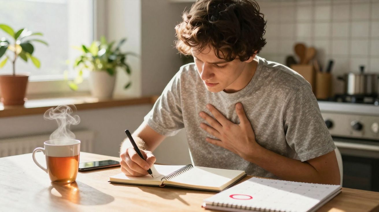 Jovem sentado na cozinha a escrever num caderno, com chá quente e plantas junto à janela.