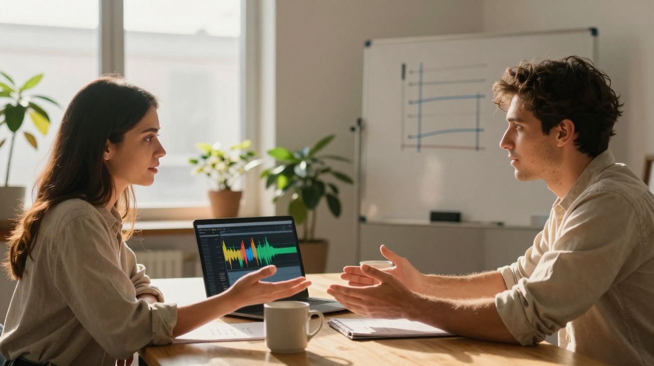 Duas pessoas conversam à volta de uma mesa com computador portátil e gráfico numa sala iluminada.