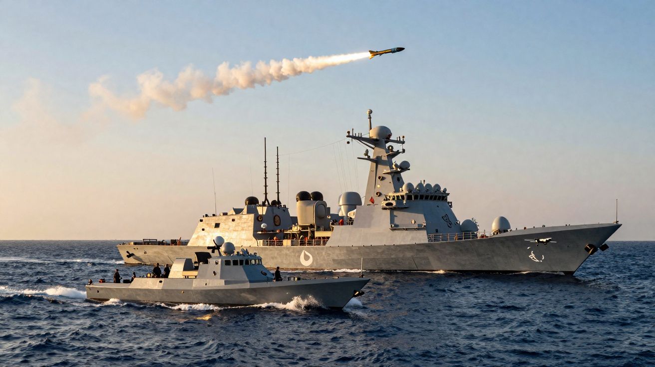 Dois navios militares no mar com um míssil sendo lançado ao céu ao pôr do sol.