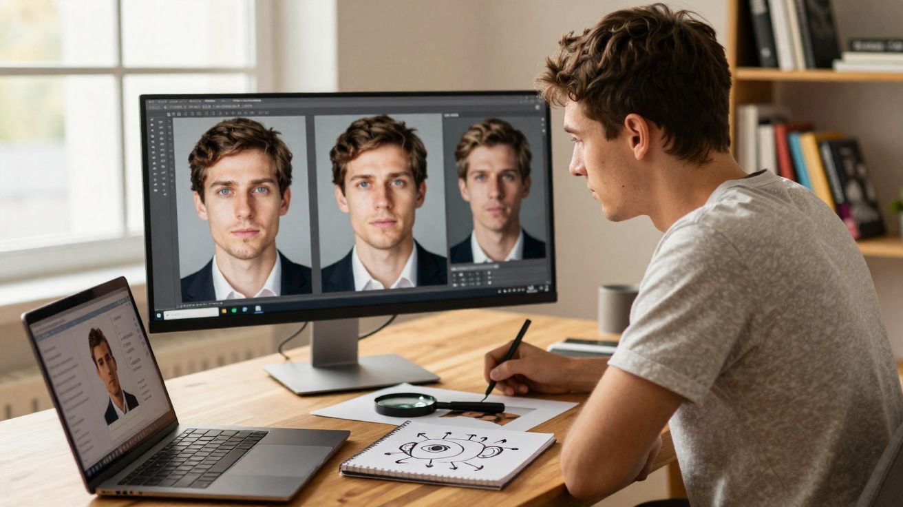Jovem a trabalhar no computador a editar fotografias num espaço de escritório com janela e material de desenho na mesa.