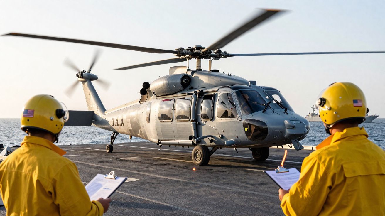 Helicóptero militar a aterrar em navio com dois tripulantes de capacete amarelo a vigiar e registar procedimentos.