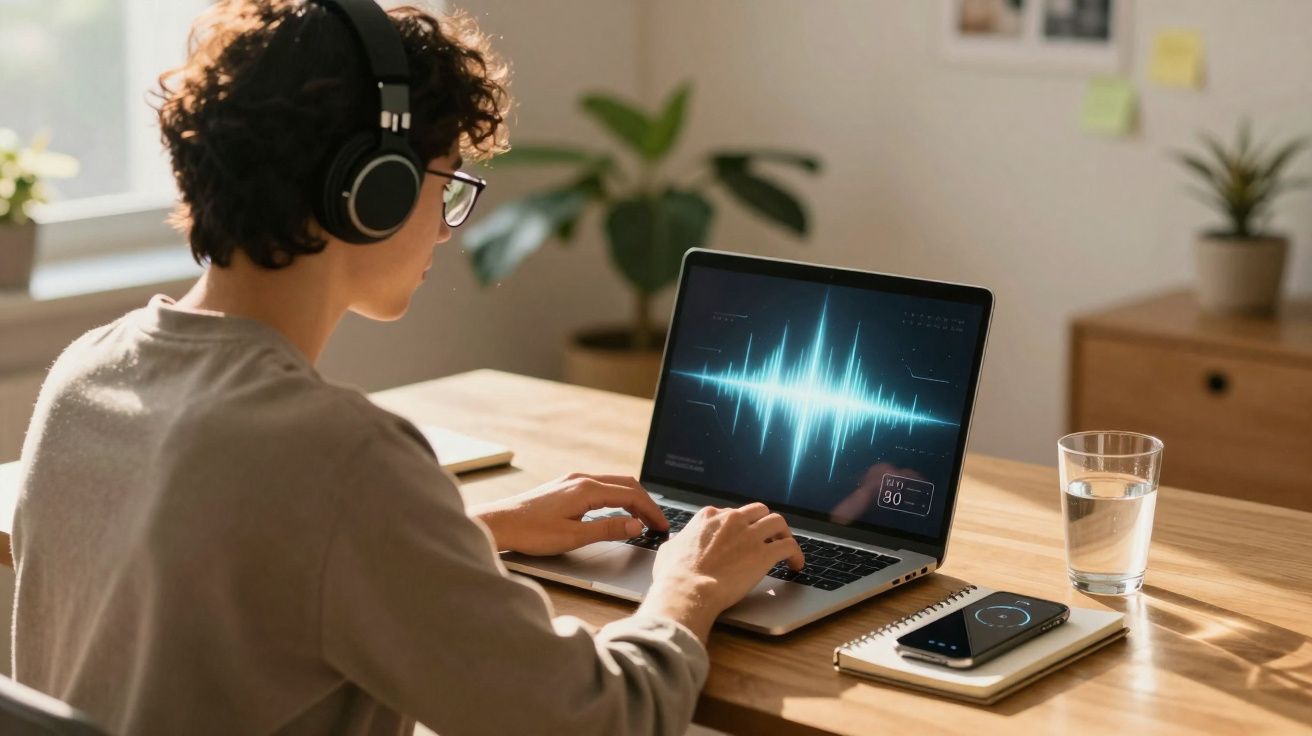 Pessoa com auscultadores a usar computador portátil que mostra gráfico de áudio, num escritório com luz natural.