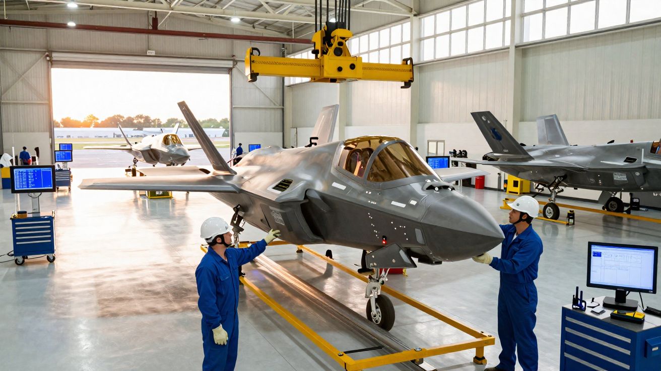 Dois técnicos em macacão azul e capacete branco inspeccionam um jato militar cinzento numa área de hangar espaçosa.