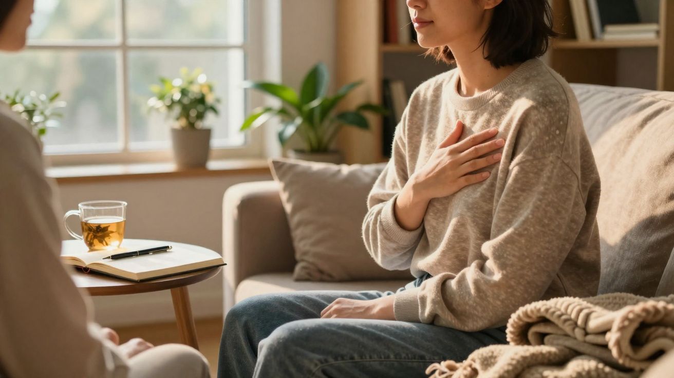 Mulher sentada no sofá com a mão no peito, durante uma conversa numa sala iluminada e acolhedora.