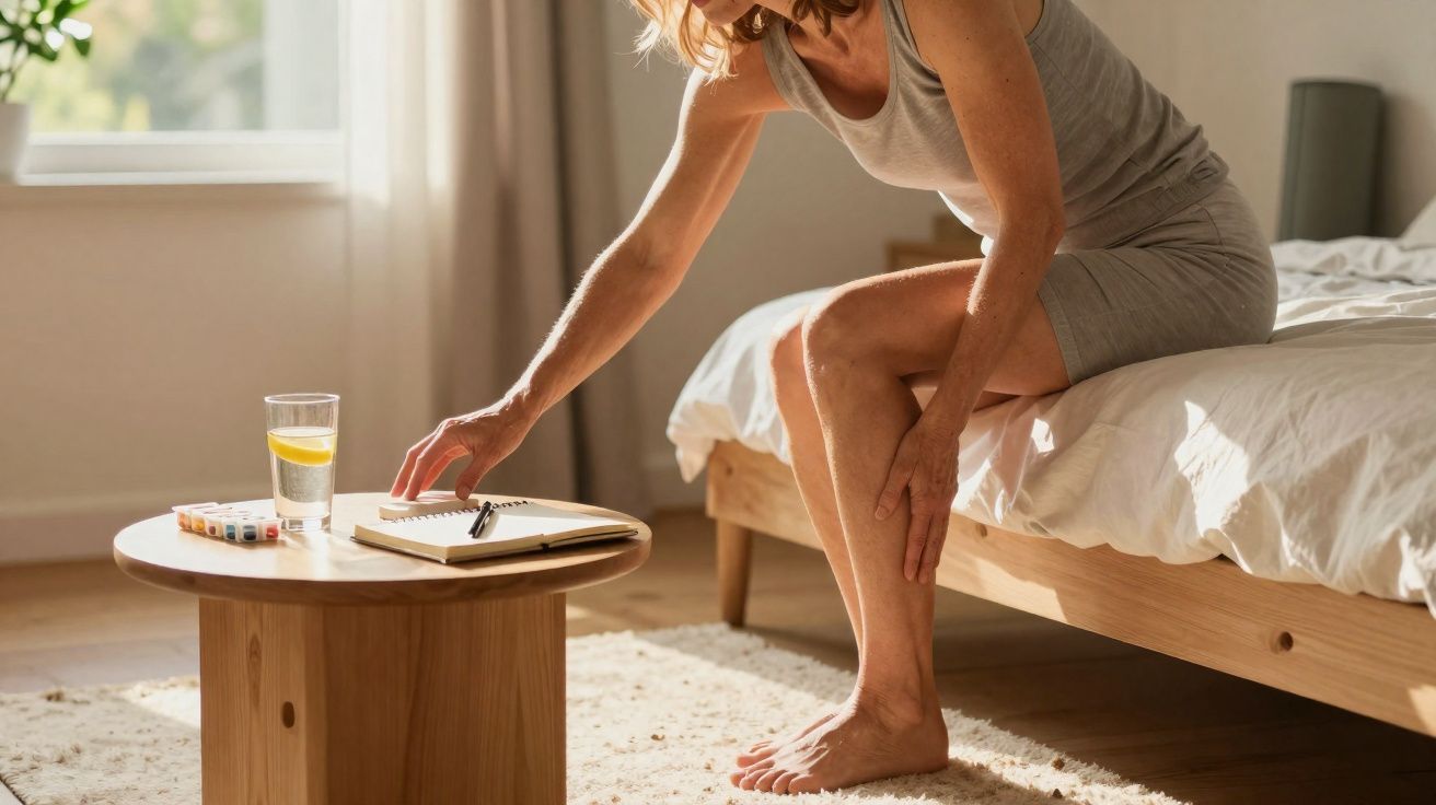 Mulher sentada na cama tocando a perna esquerda, com mesa baixa à frente com vidro de água e diário.