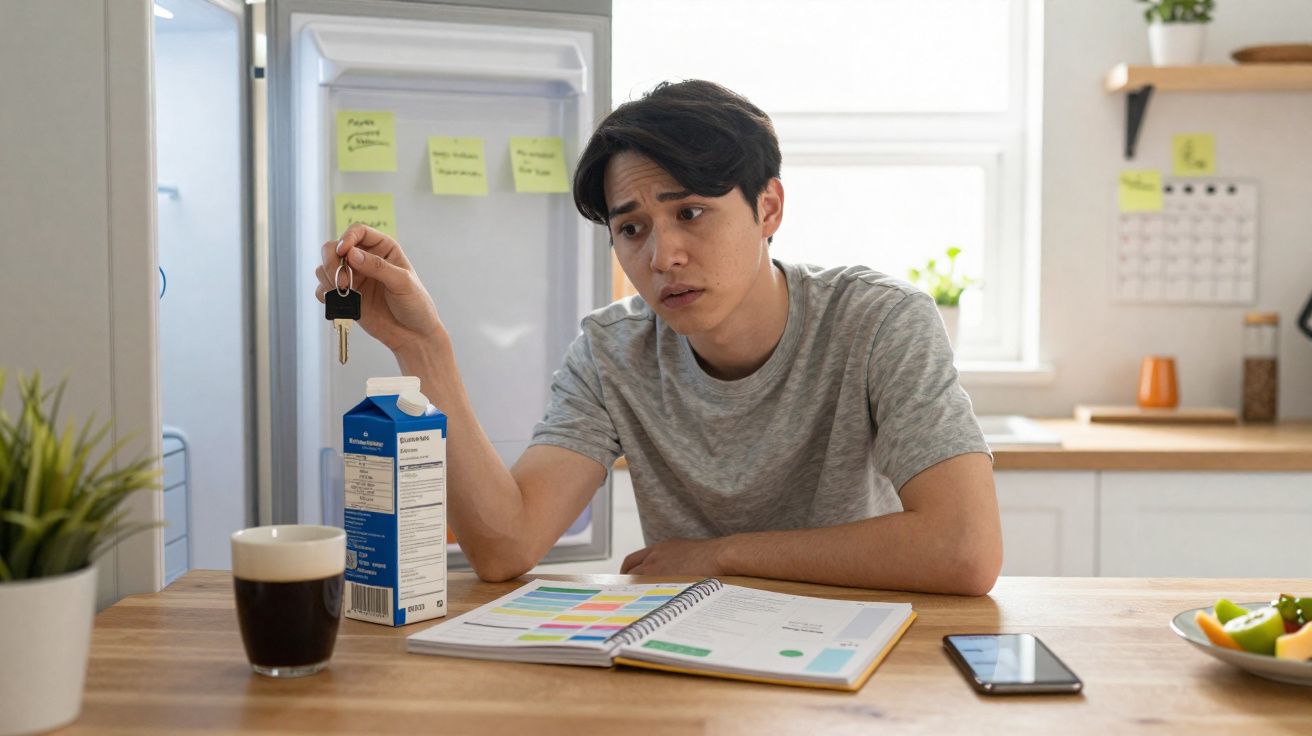 Homem sentado à mesa na cozinha a segurar uma chave, rodeado de caderno, telemóvel, café e caixa de leite.