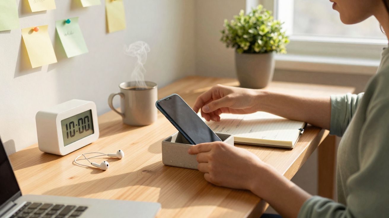 Pessoa sentada a trabalhar numa secretária com telemóvel, computador, relógio digital e chá a vapor.