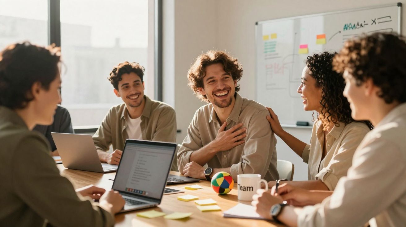 Grupo de jovens colaboradores sorridentes em reunião de equipa num escritório moderno.