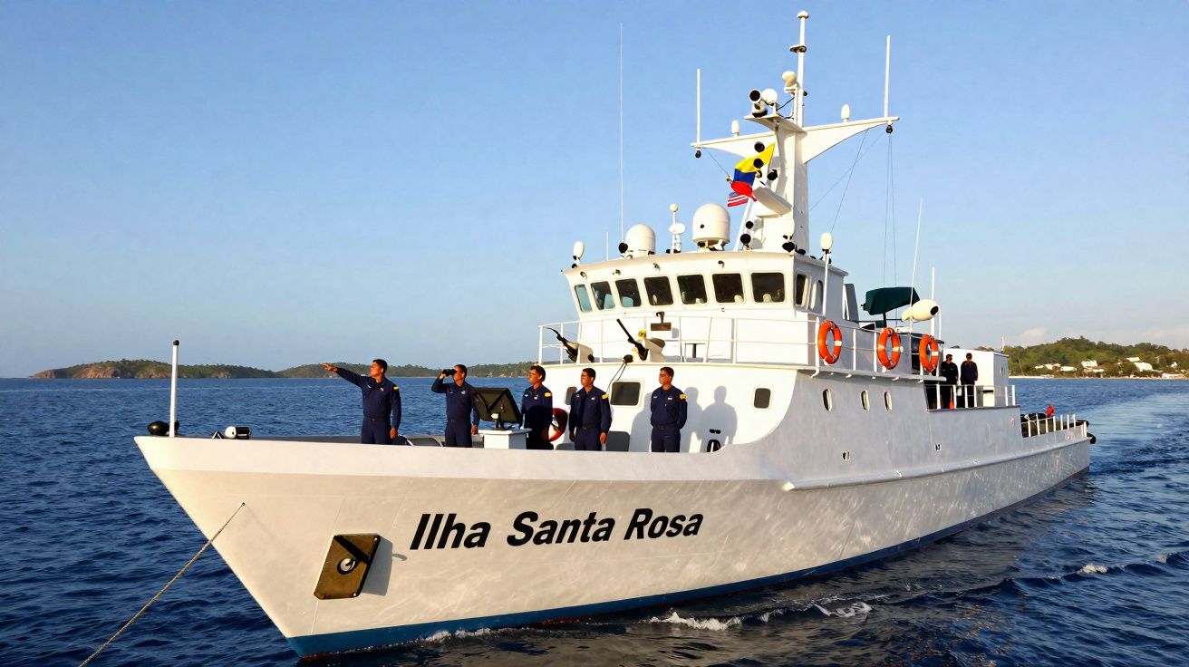 Navio branco Ilha Santa Rosa com tripulação em uniforme azul no mar calmo ao pôr do sol.