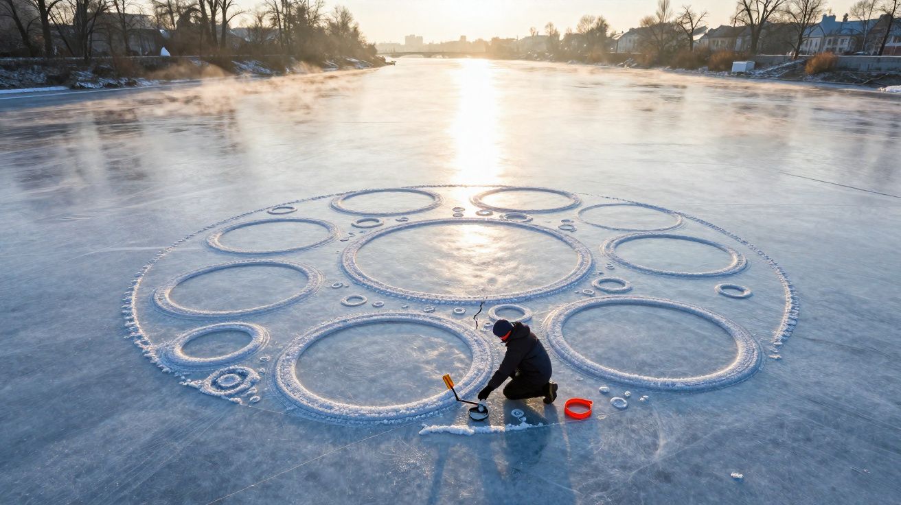 Pessoa trabalha numa escultura circular de gelo com vários anéis num lago congelado ao pôr do sol.
