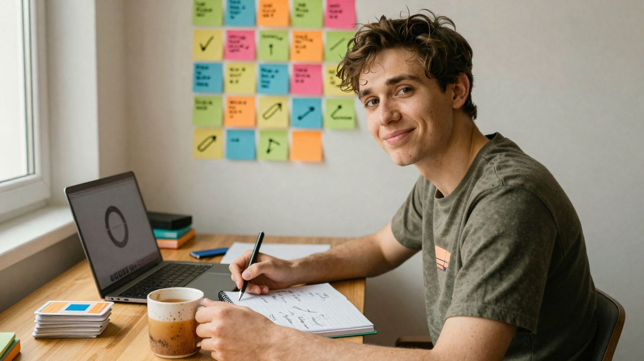 Jovem sentado a estudar com caderno, computador, chá e notas adesivas coloridas na parede.