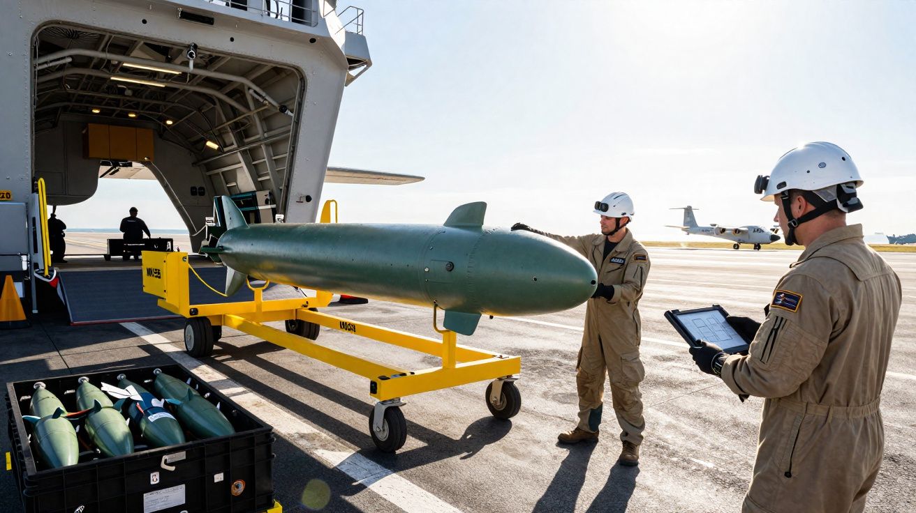 Dois militares com capacetes preparam um torpedo no convés de um navio militar ao ar livre.