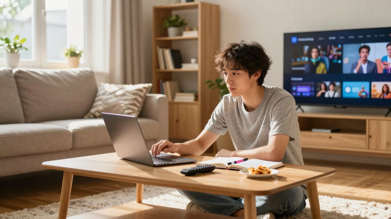 Jovem sentado no chão da sala a estudar num portátil, com televisão ligada ao fundo e mesa com caderno e comida.