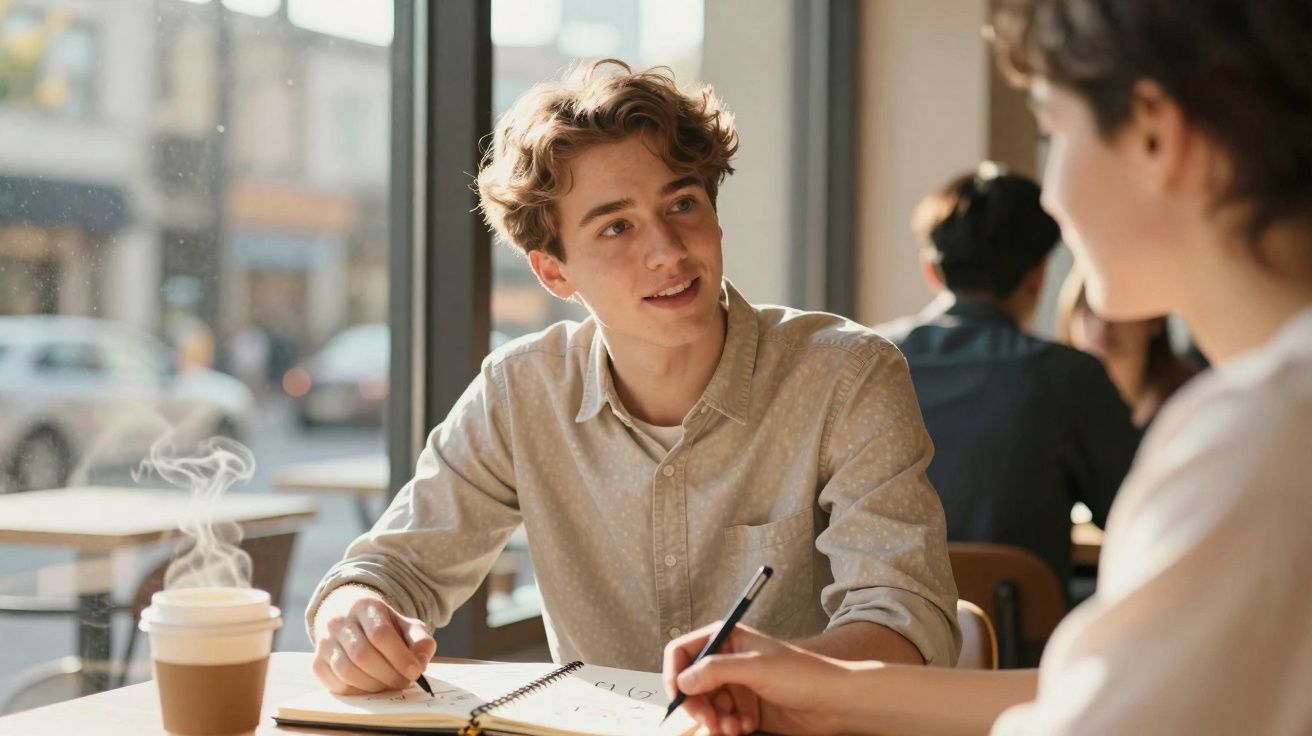 Jovens sentados junto a uma janela, conversando e escrevendo em cadernos num café.