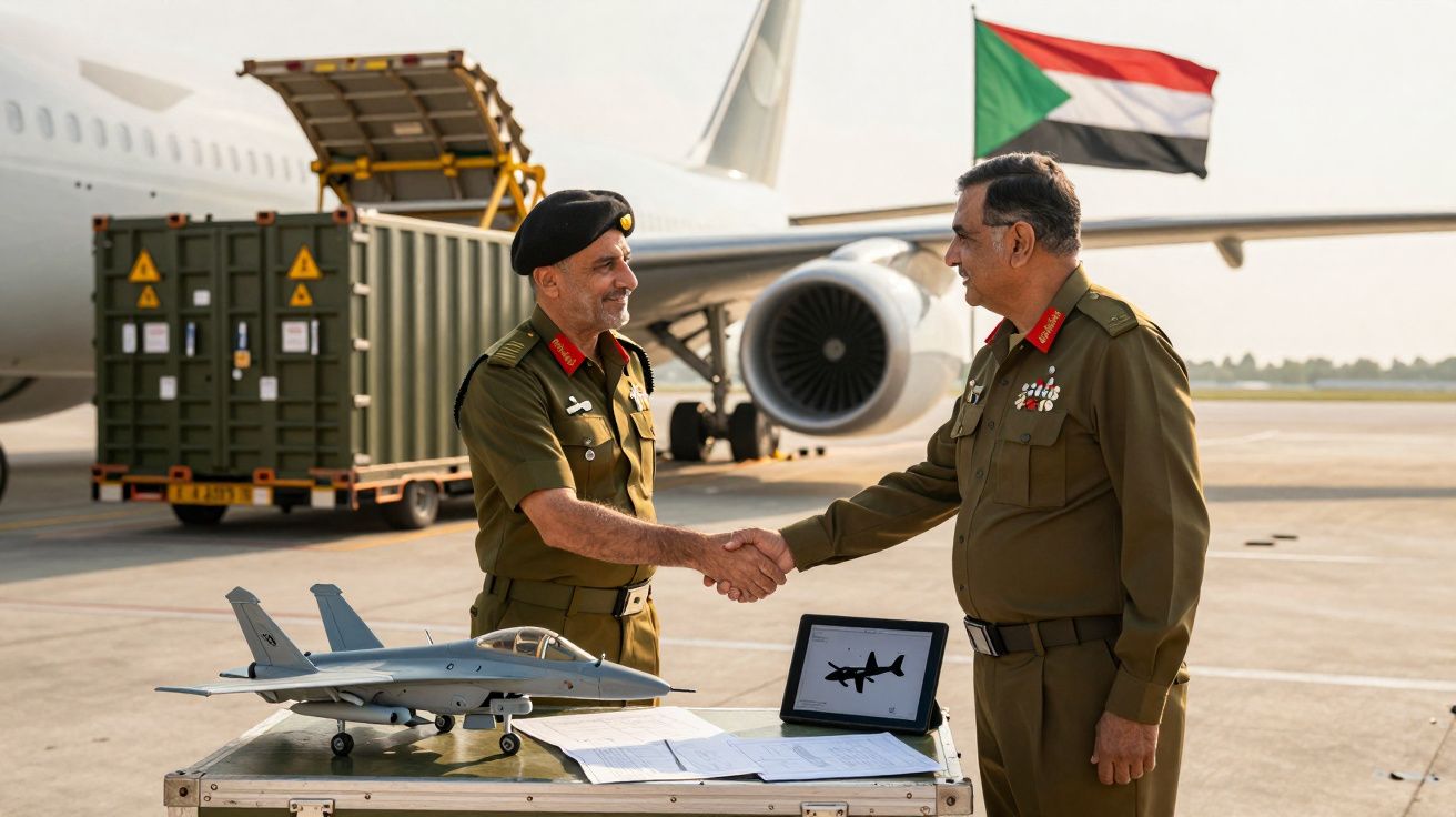 Dois oficiais do exército apertam as mãos junto a fuzileiros, documentos e modelo de avião num aeroporto.
