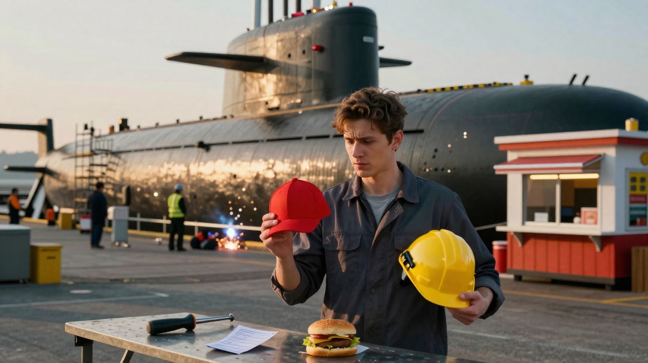 Homem em cais com capacete amarelo na mão, analisa boné vermelho, submarino e hambúrguer na mesa ao pôr do sol.
