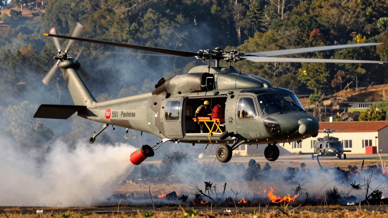 Helicóptero militar em voo baixo sobre fogo no chão, com fumaça densa e floresta ao fundo.