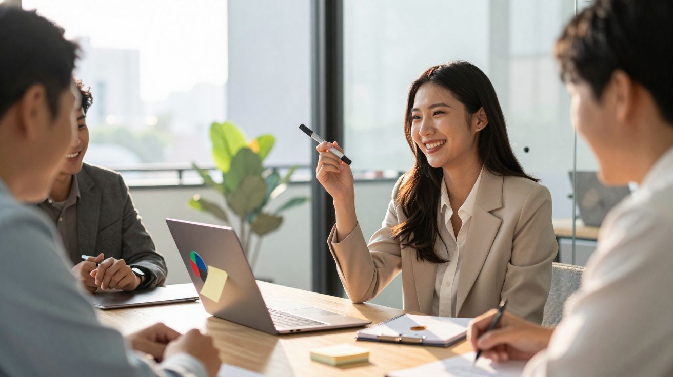 Quatro profissionais em reunião de escritório com computador portátil, apontando para um quadro branco.