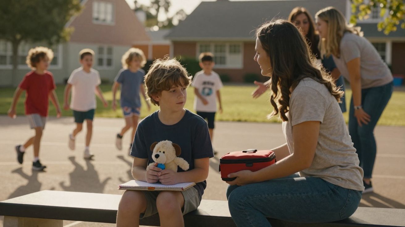 Menino sentado no banco com brinquedo, enquanto mulher com estojo vermelho lhe fala no recreio da escola.