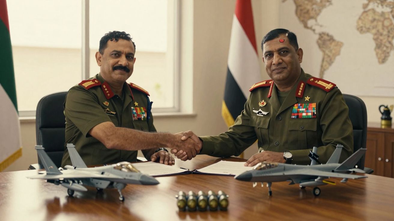 Dois militares em uniforme verde oliváceo apertam as mãos sentados à mesa com modelos de aviões de caça e munições.