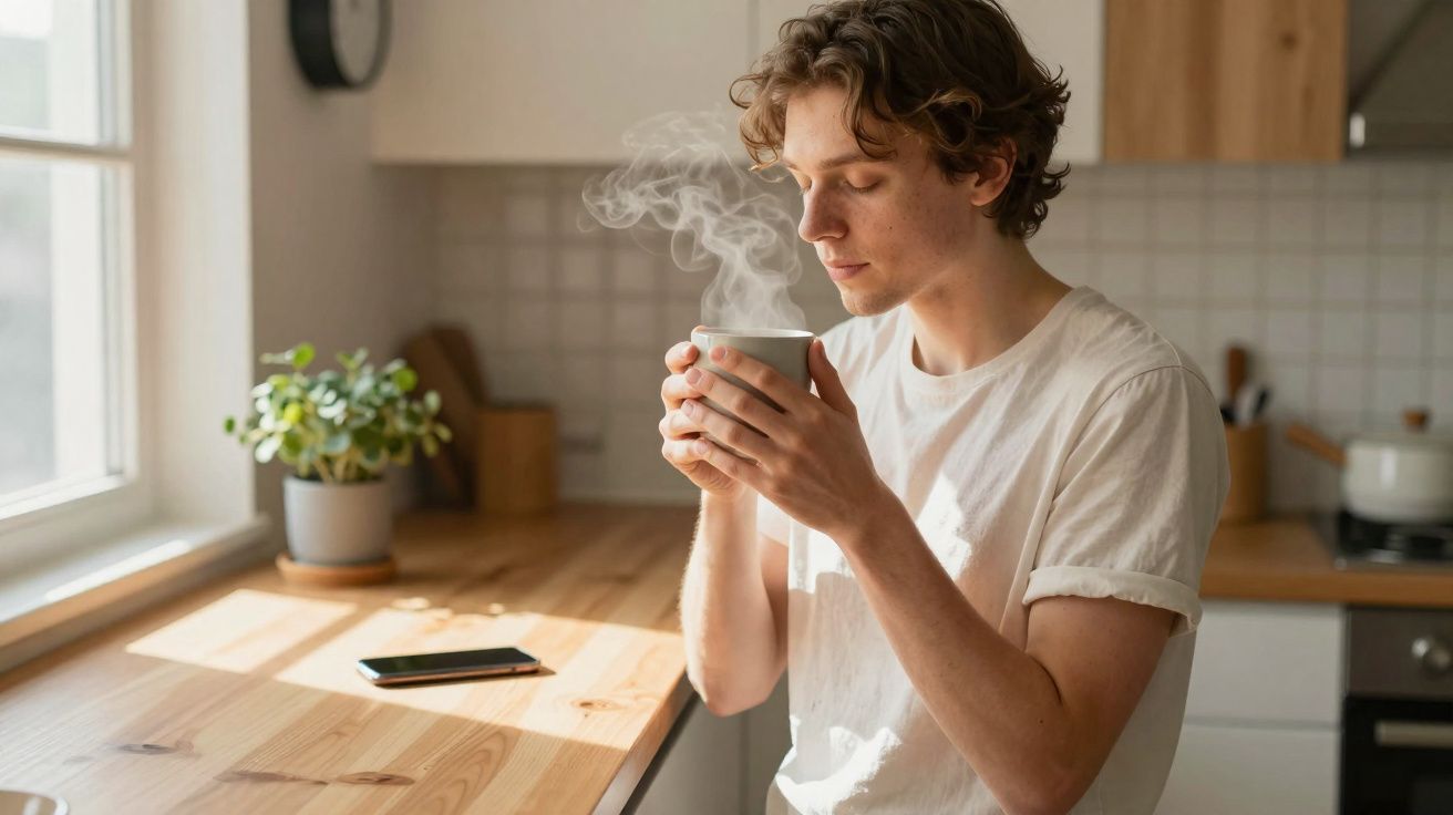 Jovem sentado na cozinha a cheirar uma chávena de bebida quente com vapor a sair.