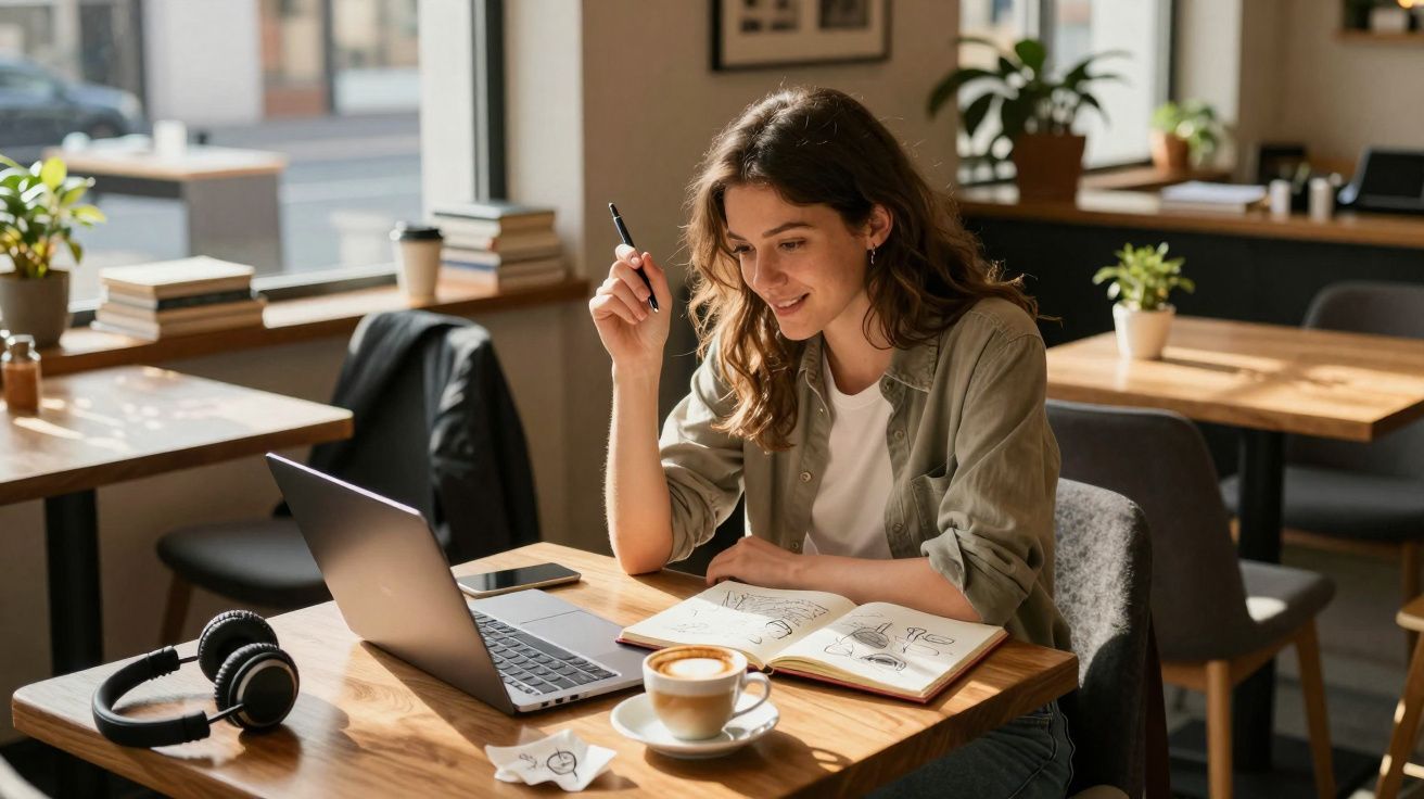 Mulher a trabalhar num café, com um computador portátil, caderno de desenhos e café na mesa.