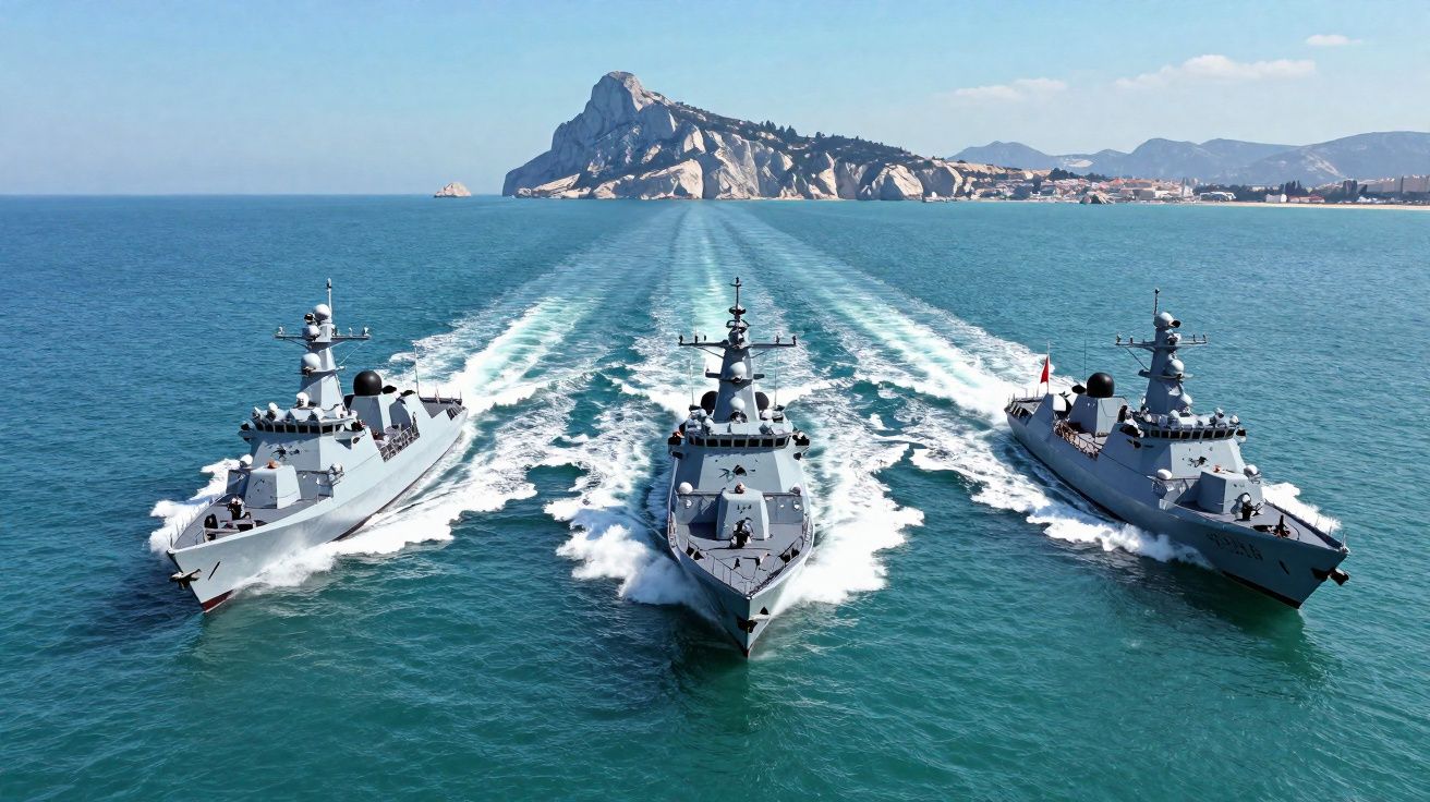 Três navios militares brancos a navegar em formação na água azul com uma montanha ao fundo.