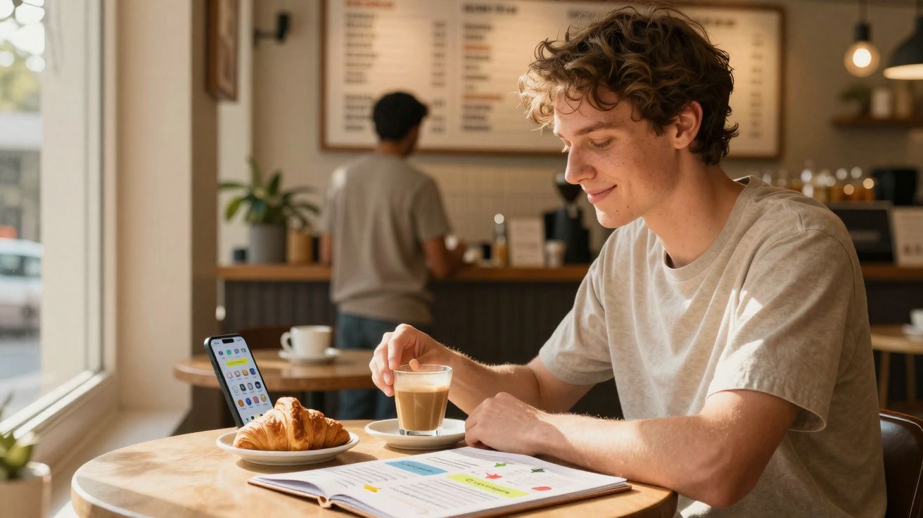 Jovem sentado numa cafetaria a ler, com café e croissant, telefone apoiado na mesa junto à janela.