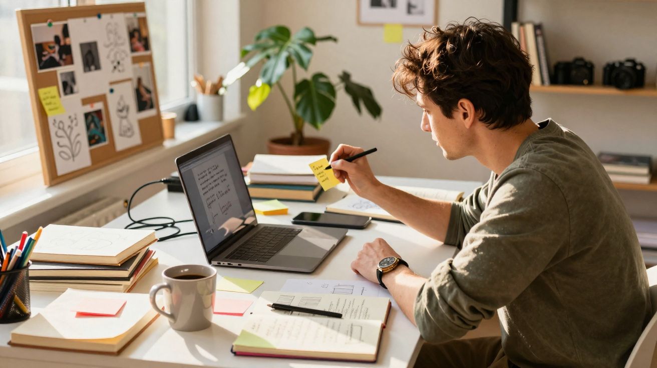 Homem a trabalhar num escritório com computador portátil, apontamentos e post-its numa mesa iluminada.