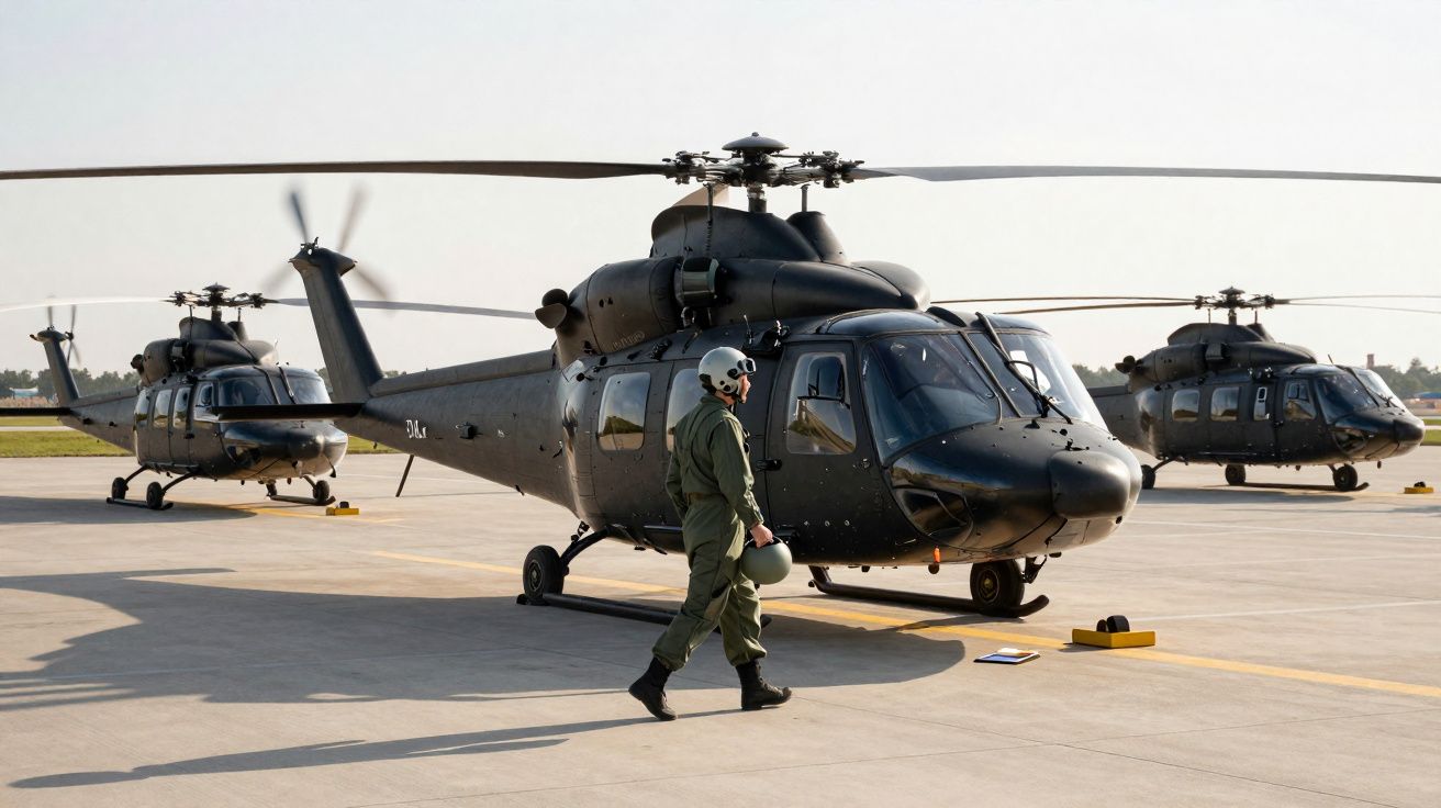 Três helicópteros militares em pista com piloto em fato de voo e capacete a caminhar junto ao primeiro.