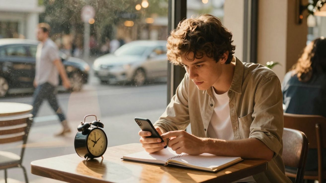 Jovem sentado numa mesa de café com caderno aberto e relógio, concentrado a usar o telemóvel.
