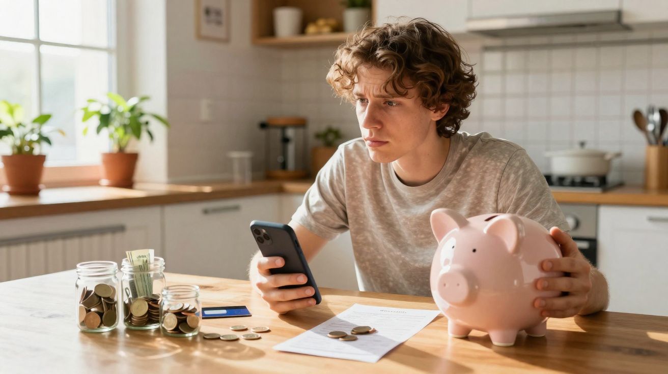 Jovem sentado numa cozinha a consultar o telemóvel com um mealheiro e moedas numa mesa.