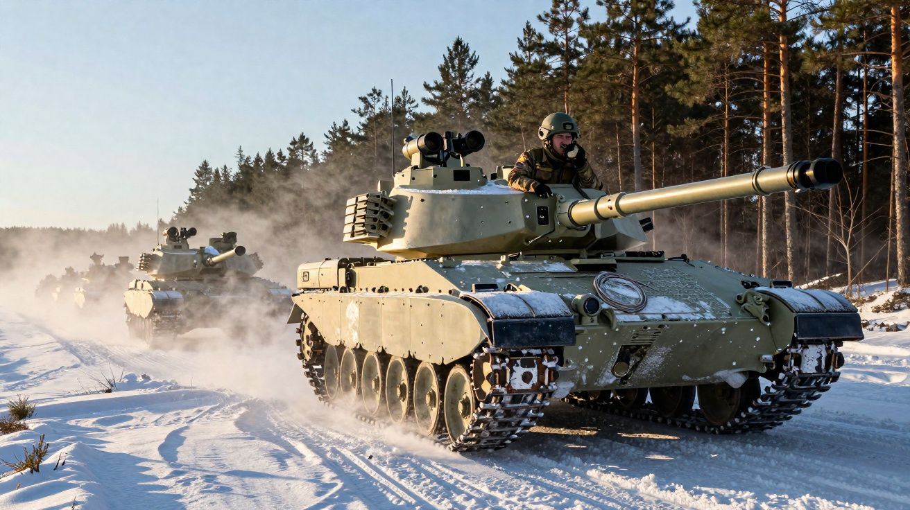 Carro de combate em marcha pela neve com soldados, em formação num ambiente de floresta.
