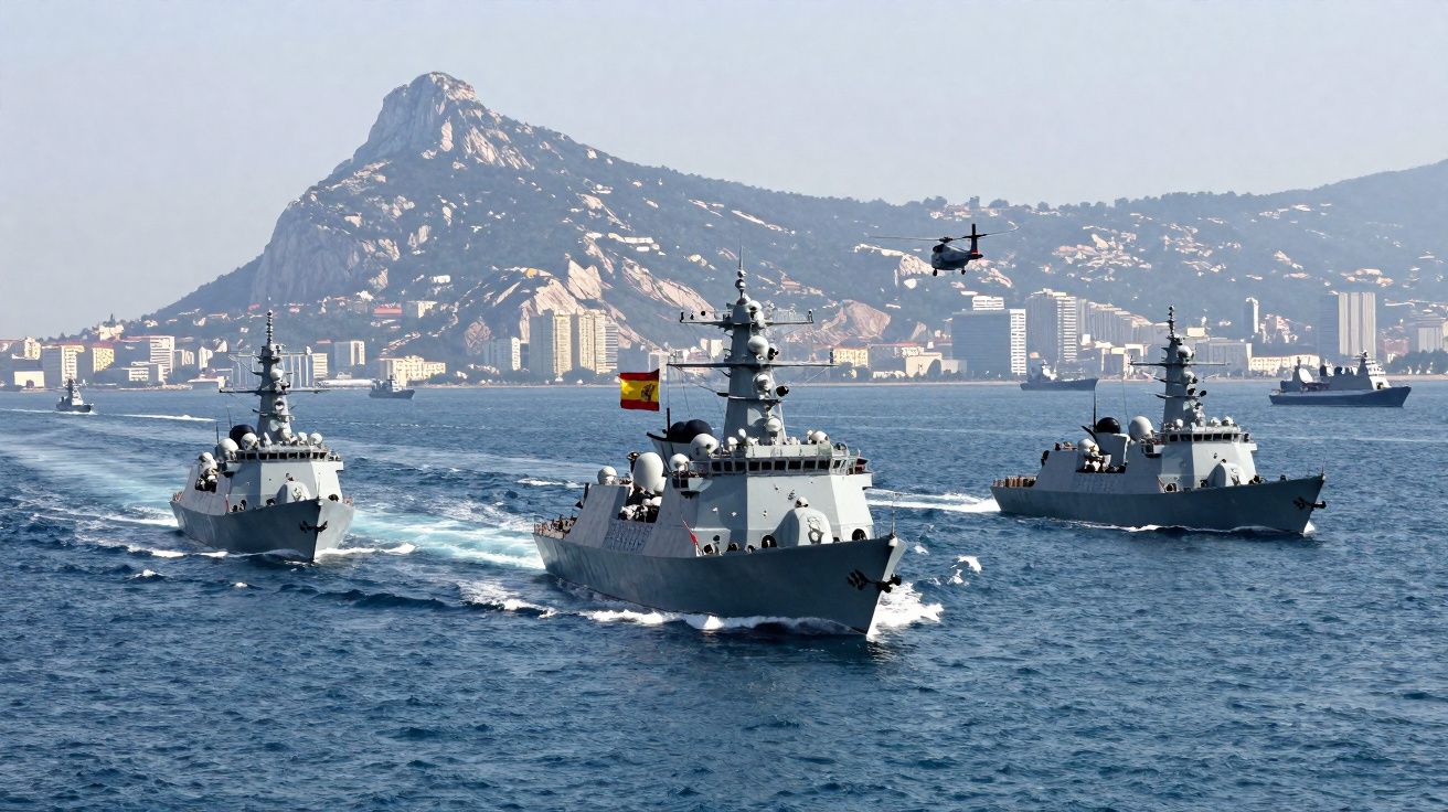 Três navios militares espanhóis navegando em formação próxima a uma costa montanhosa com cidade ao fundo.