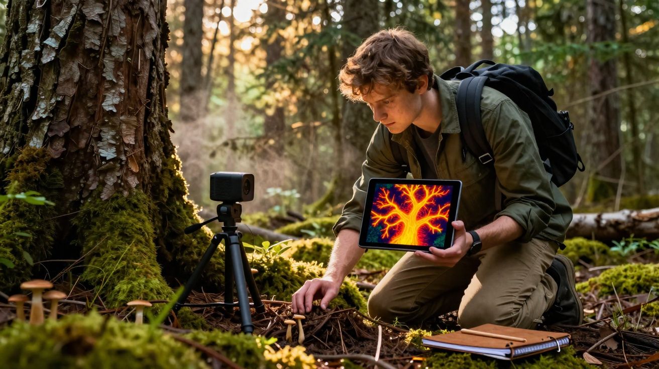 Jovem com mochila estuda cogumelos na floresta, segurando tablet com imagem colorida de raiz, junto a câmara e caderno.