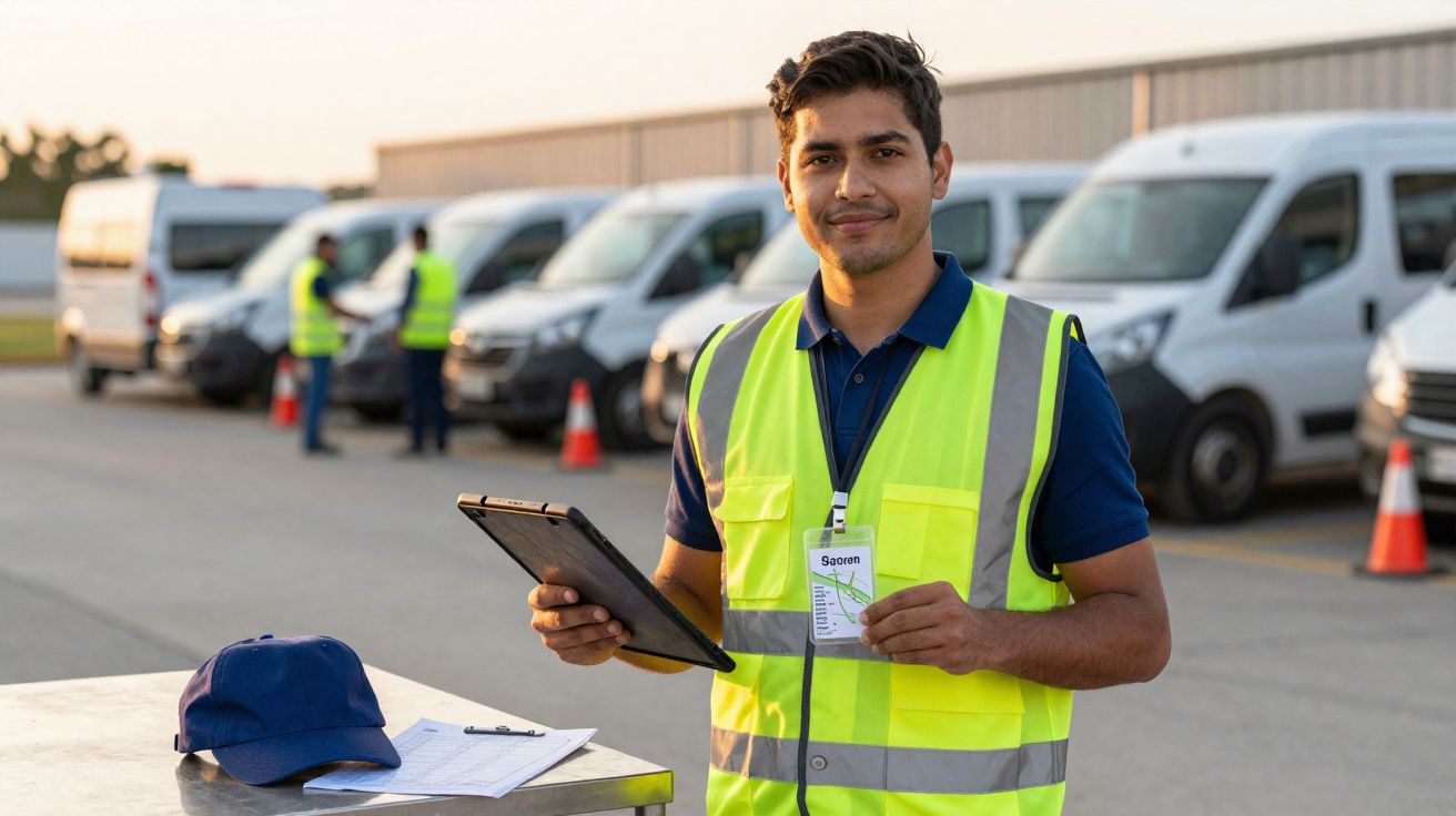 Homem com colete refletor e crachá numa área de frotas com várias carrinhas de transporte ao fundo.