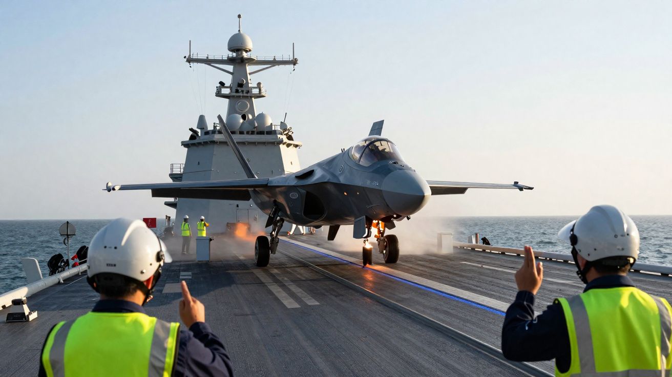 Caça militar a descolar da ponte de um navio de guerra com dois militares a sinalizar.