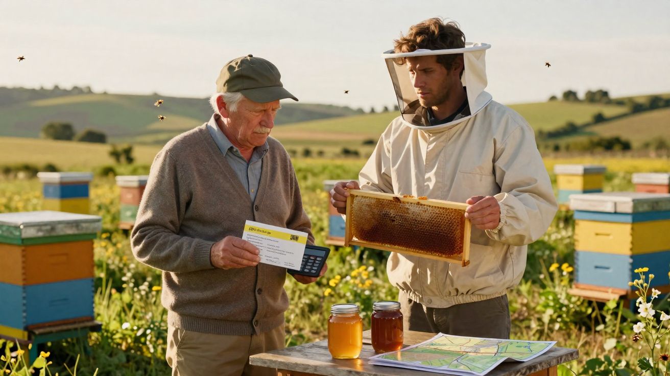 Apicultor com roupa de proteção a mostrar uma colmeia a homem idoso num campo com caixas de abelhas.