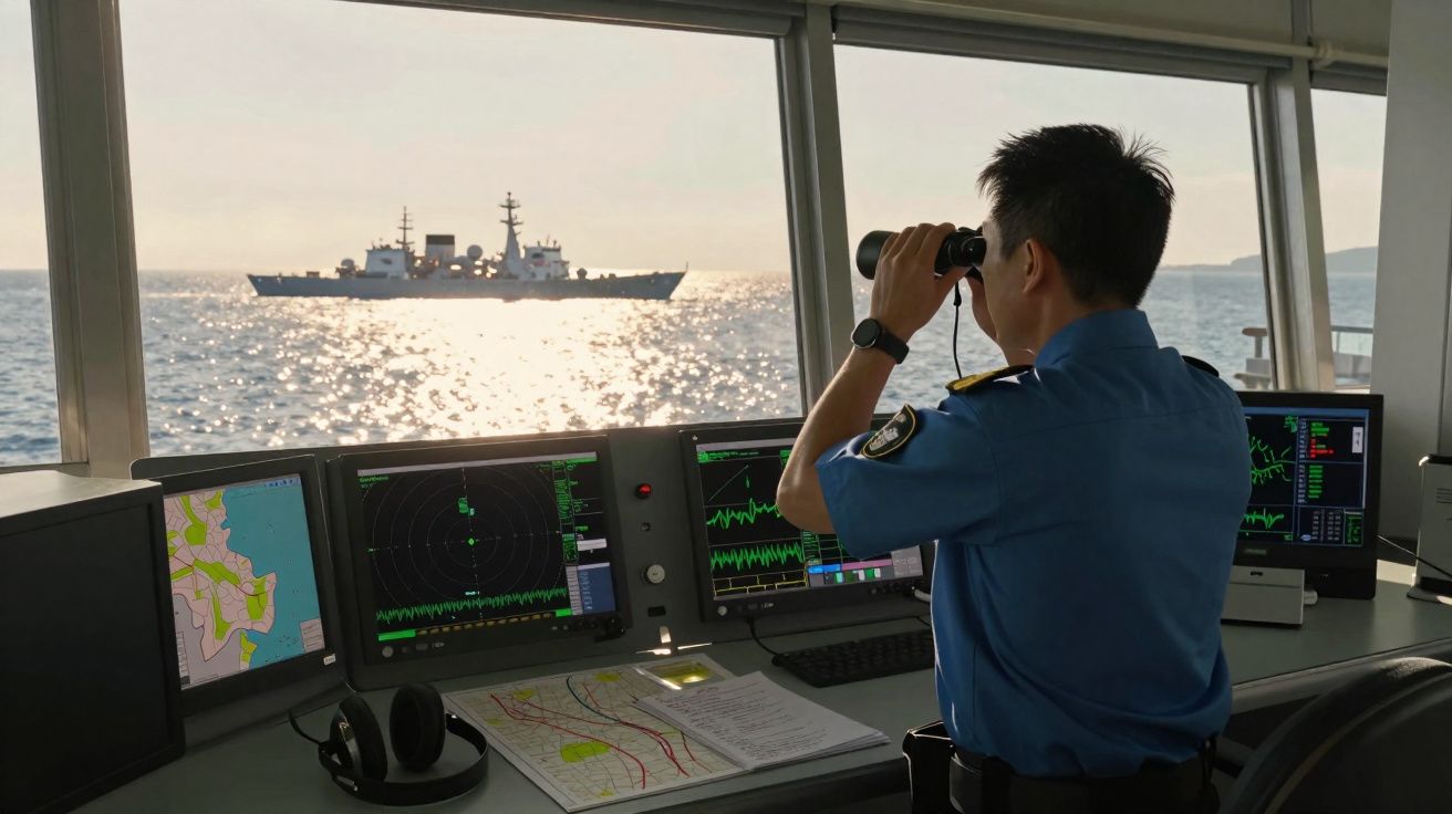 Militar naval em ponte de comando observa navio ao longe com binóculos e radares ligados à sua frente.