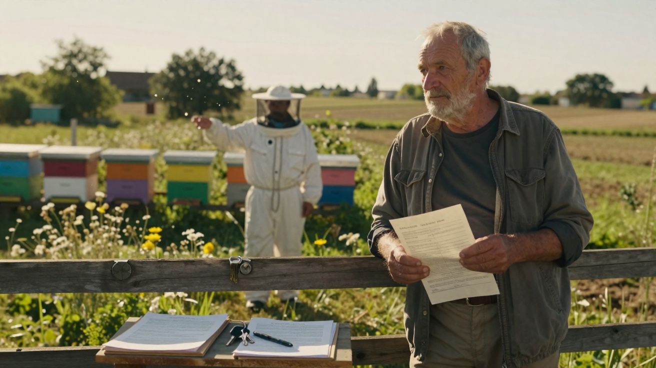 Homem idoso com papel na mão em quinta, com apicultor e colmeias ao fundo em dia de sol.