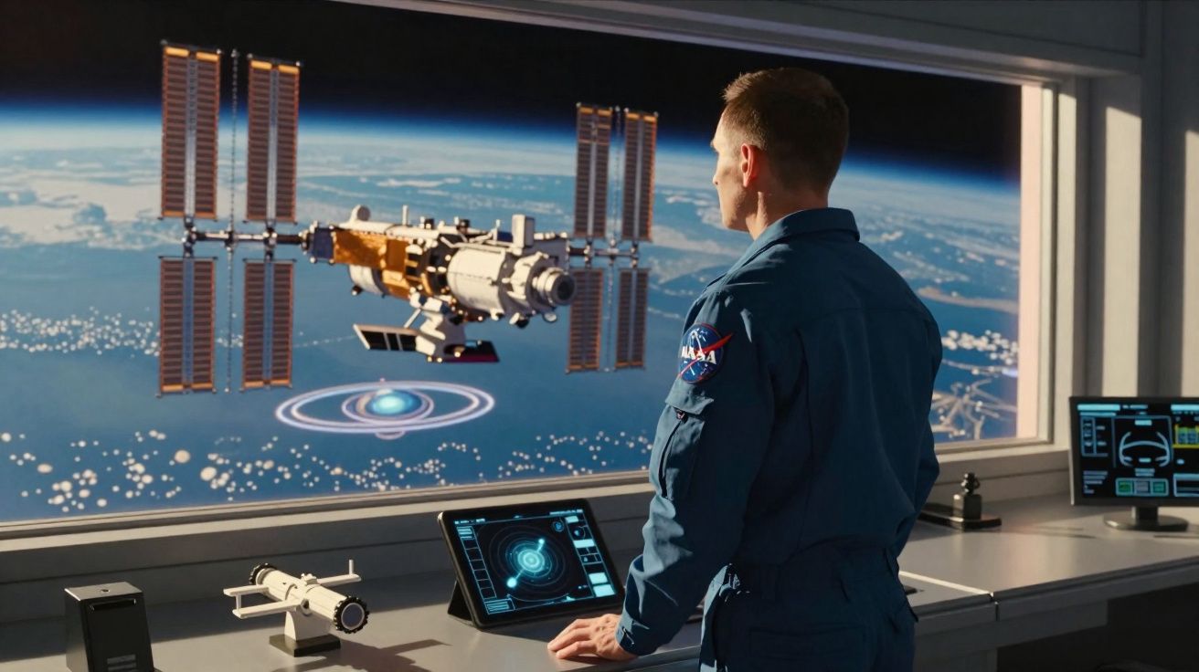 Astronauta observa estação espacial em órbita da Terra através de janela com monitores digitais à frente.