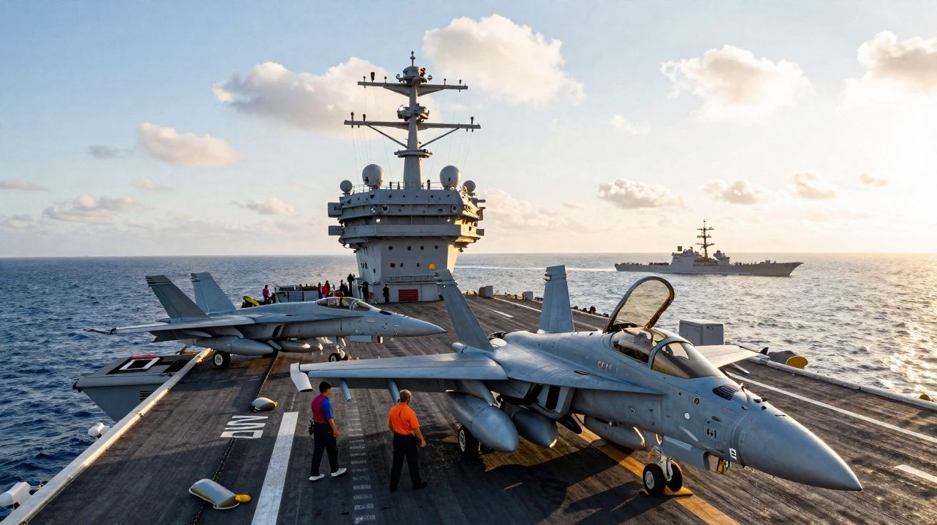 Porta-aviões com dois caças estacionados e marinheiros a caminhar no convés ao pôr do sol no oceano.
