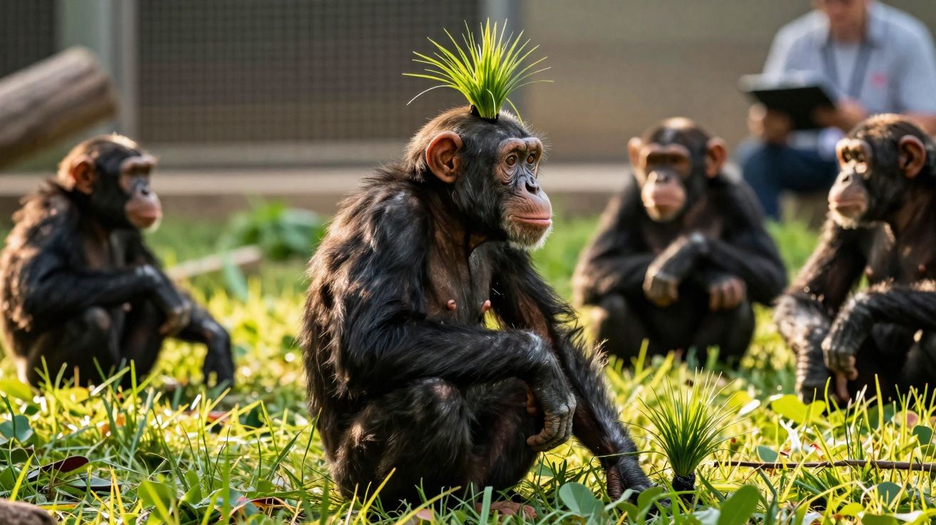 Macaco com planta na cabeça sentado na relva, rodeado por outros macacos e pessoa ao fundo.