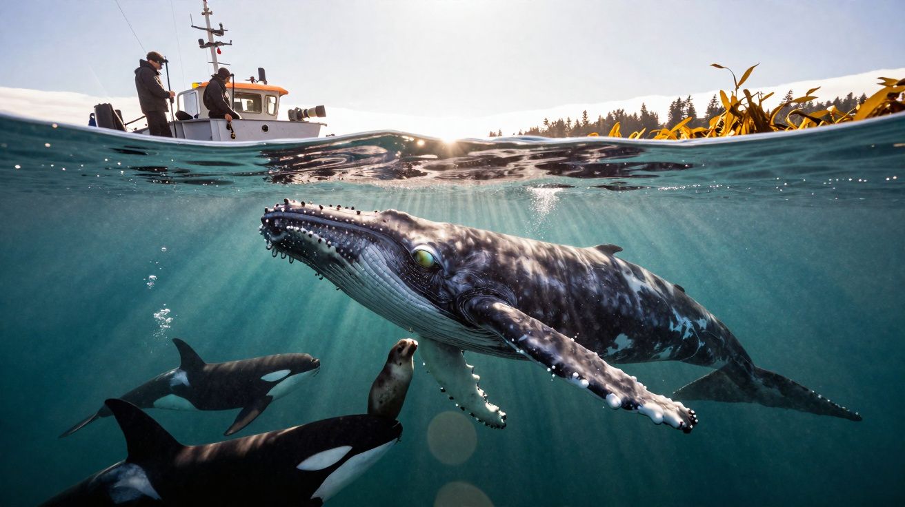 Baleia nadando perto da superfície do oceano com duas orcas e um barco com pessoas ao fundo.