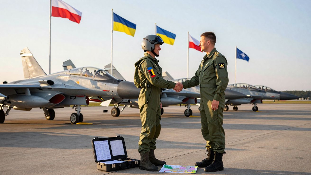 Dois pilotos militares a cumprimentar-se junto a jatos de combate e bandeiras da Polónia, Ucrânia e NATO ao fundo.