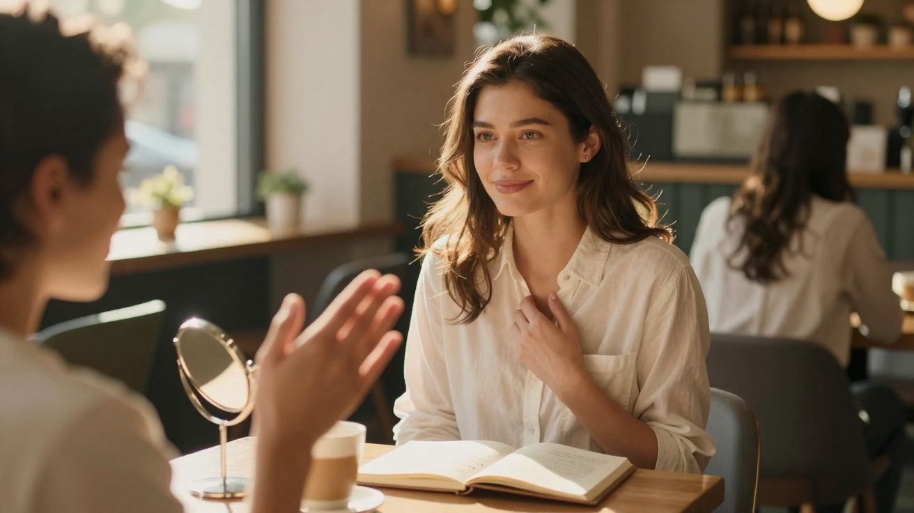 Duas mulheres conversam num café, uma sorri e lê livro aberto à sua frente.