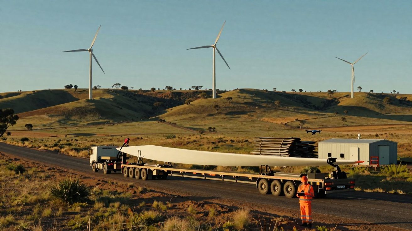 Camião transporte pás eólicas com trabalhador de proteção eólica em estrada rural e turbinas ao fundo.
